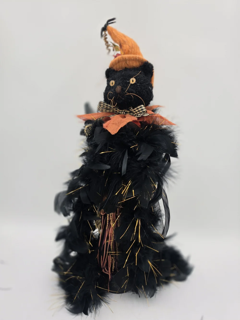 Halloween Black Feathery Cat Décor with Orange Hat